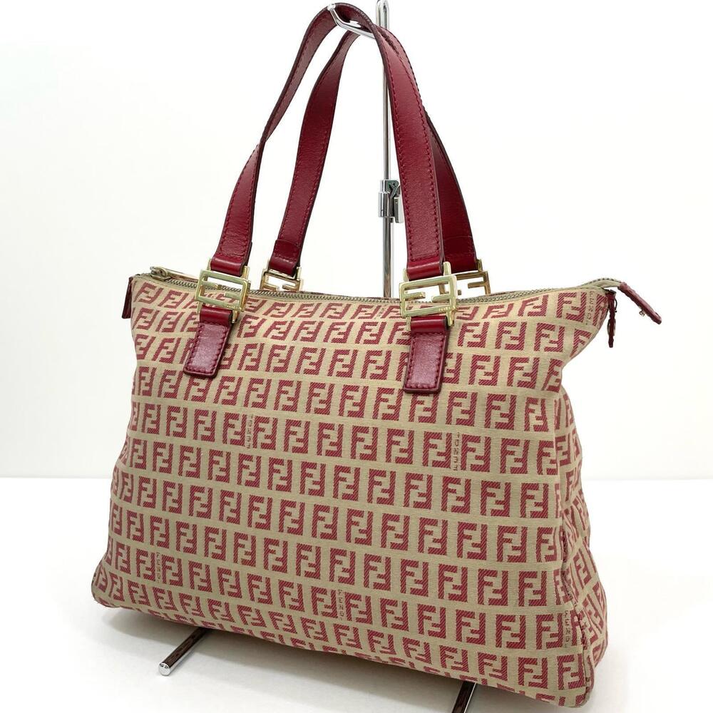 Fendi Zucchino Tote Bag Handbag Beige Cream x Red